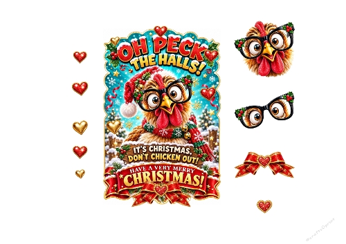 Watercolor Christmas Funny Chicken Peck The Halls 3D Decoupage Card Kit A4 Sheet