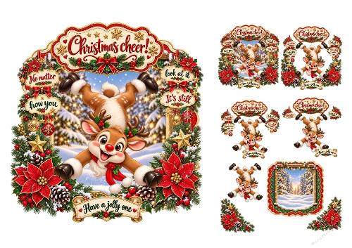 Watercolor Christmas Reindeer Upside Down 3-Page 3D Decoupage Card Kit A4 Sheet