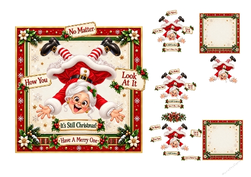 Watercolor Christmas Upside Down Mrs Claus 3D Decoupage Card Kit A4 Sheet