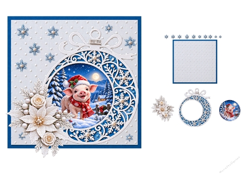 Watercolor Christmas Pig Bauble Ornament 2-Page 3D Decoupage Card Kit A4 Sheet