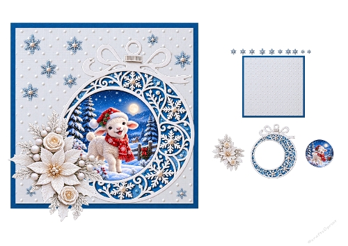 Watercolor Christmas Lamb Bauble Ornament 2-Page 3D Decoupage Card Kit A4 Sheet
