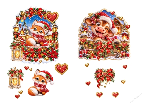 Watercolor Christmas Fox & Funny Cow 3D Decoupage Card Kit A4 Sheet