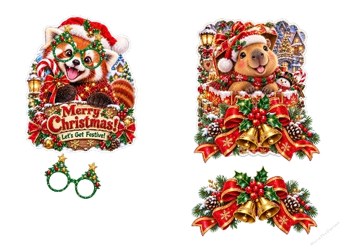 Watercolor Christmas Red Panda & Capybara 3D Decoupage Card Kit A4 Sheet