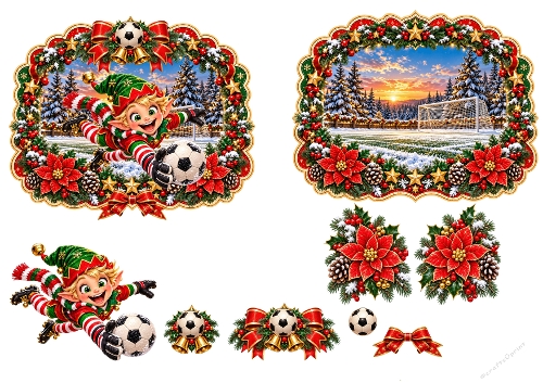 Watercolor Christmas Goalie Elf Football Soccer 3D Decoupage Card Kit A4 Sheet