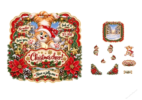 Watercolor Christmas Cat Upside Down 3D Decoupage Card Kit A4 Printable Sheet