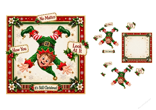 Watercolor Christmas Upside Down Boy Elf 3D Decoupage Card Kit A4 Sheet