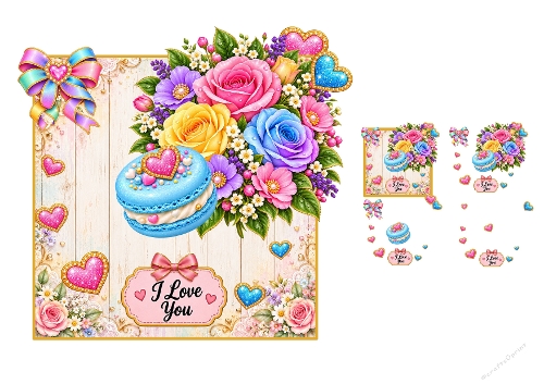 Watercolor Floral French Macaron I Love You 2-Page 3D Decoupage Card Kit A4 Sheet
