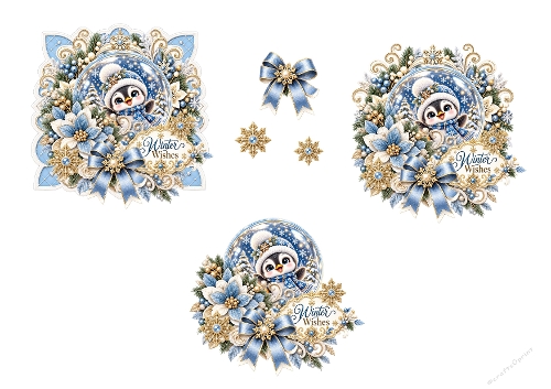 Watercolor Winter Penguin Snow Globe 3D Decoupage Card Kit A4 Sheet