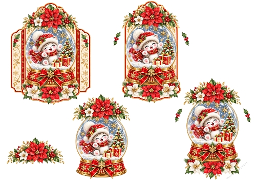 Watercolor Christmas Kitten Snow Globe 3D Decoupage Card Kit A4 Sheet