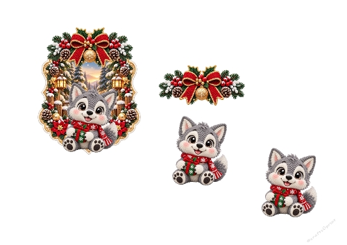 Watercolor Christmas Wolf Cub Crochet Style 3D Decoupage Card Kit A4 Sheet