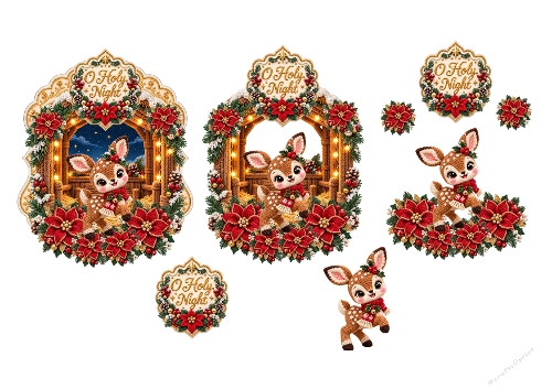 Watercolor Christmas Deer Fawn Crochet Style O Holy Night 3D Decoupage Card Kit A4 Sheet