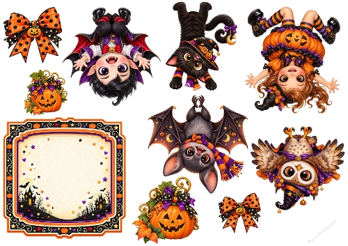 Watercolor Halloween Upside Down Cute Monsters 3D Decoupage Card Kit A4 Sheet
