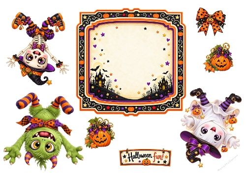Watercolor Halloween Upside Down Skeleton Ghost Monster 3D Decoupage Card Kit A4 Sheet