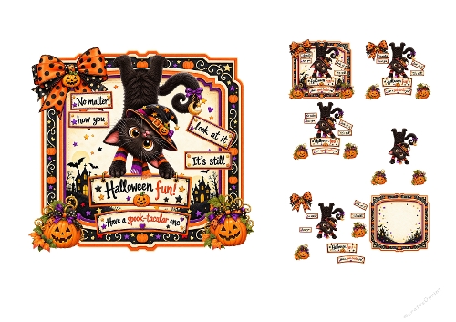 Watercolor Halloween Black Cat Upside Down 3D Decoupage Card Kit A4 Sheet