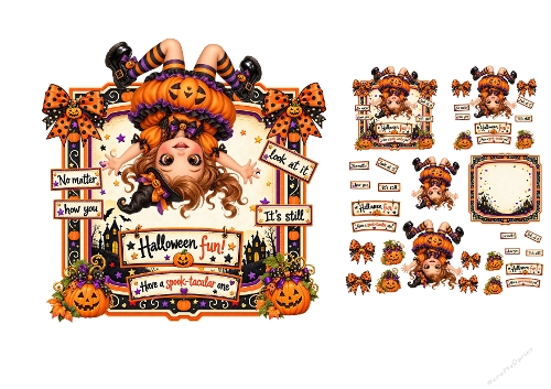 Watercolor Halloween Pumpkin Witch Girl Upside Down 3D Decoupage Card Kit A4 Sheet