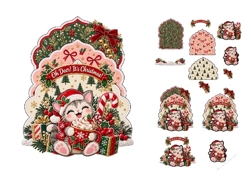 Watercolor Christmas Kitten Hot Cocoa Oh Deer Its Christmas 3D Decoupage Card Kit A4 Sheet