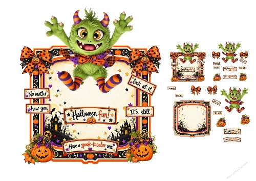 Watercolor Halloween Green Monster Upside Down 3D Decoupage Card Kit A4 Sheet