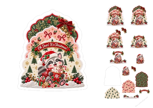 Watercolor Christmas Raccoon Hot Cocoa Oh Deer Its Christmas 3D Decoupage Card Kit A4 Sheet