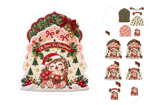 Watercolor Christmas Hedgehog Hot Cocoa Oh Deer Its Christmas 3D Decoupage Card Kit A4 Sheet