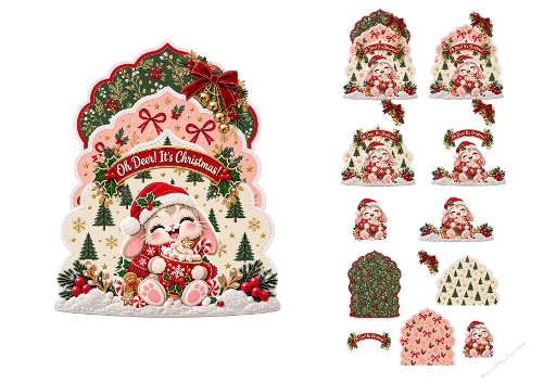 Watercolor Christmas Bunny Hot Cocoa Oh Deer Its Christmas 3D Decoupage Card Kit A4 Sheet