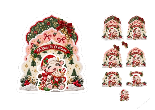 Watercolor Christmas Cow Calf Hot Cocoa Oh Deer Its Christmas 3D Decoupage Card Kit A4 Sheet