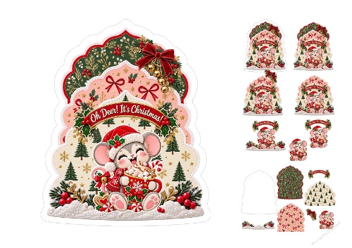 Watercolor Christmas Mouse Hot Cocoa Oh Deer Its Christmas 3D Decoupage Card Kit A4 Sheet