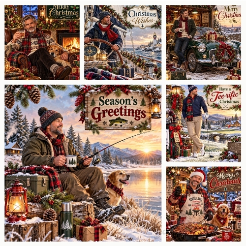 Pack 6 Masculine Christmas Cards & Hobbies Square Illustrations 1254x1254 JPEG