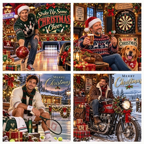Pack 4 Masculine Christmas Sports & Hobbies Square Illustrations 1254x1254 JPEG