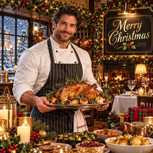 Watercolor Christmas Chef Roast Turkey Dinner Merry Christmas Illustration 1254x1254 JPEG