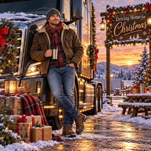 Watercolor Christmas Truck Driver Driving Home for Christmas Illustration 1254x1254 JPEG