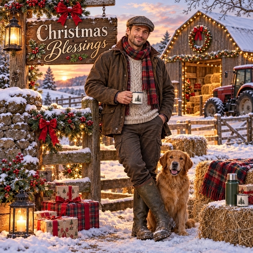 Watercolor Christmas Farmer Golden Retriever Countryside Christmas Blessings Illustration 1254x1254 JPEG