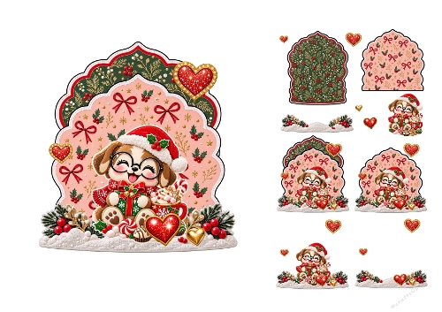 Watercolor Christmas Puppy Glasses Present Hot Cocoa 3D Decoupage Card Kit A4 Sheet