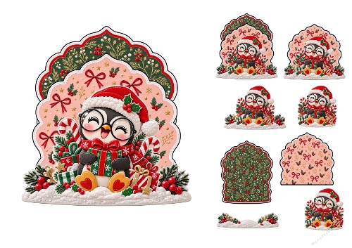 Watercolor Christmas Penguin Glasses Present Candy Cane 3D Decoupage Card Kit A4 Sheet