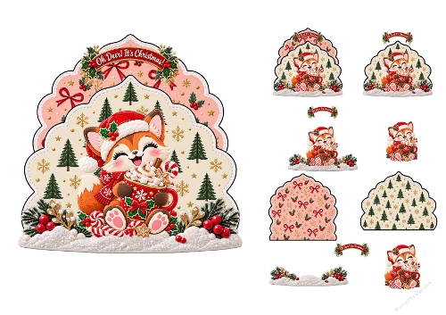 Watercolor Christmas Fox Hot Cocoa Oh Deer Its Christmas 3D Decoupage Card Kit A4 Sheet