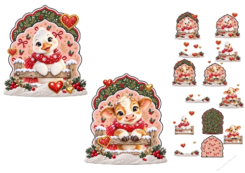 Watercolor Christmas Farm Animals Duckling & Calf 2-in-1 3D Decoupage Card Kit A4 Sheet