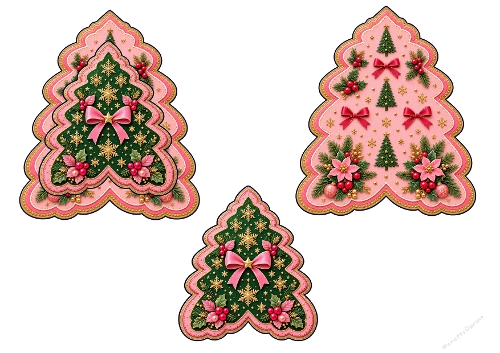 Watercolor Pink & Green Christmas Tree Shaped 3D Decoupage Card Kit A4 Sheet