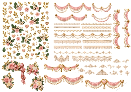 Pink Rose Pearl & Lace Decorative Elements Ephemera 3D Card Decor Kit A4 Sheet