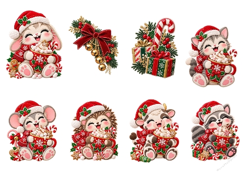 Watercolor Christmas Animals Hot Cocoa Toppers Ephemera Elements A4 Sheet