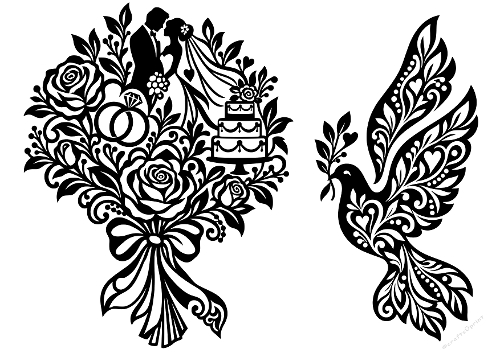 Wedding Bouquet Bride Groom Cake Dove Papercut Laser Cut Template Cutting File