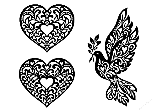 Filigree Hearts & Soaring Peace Dove Wedding Papercut Laser Cut Template Cutting File