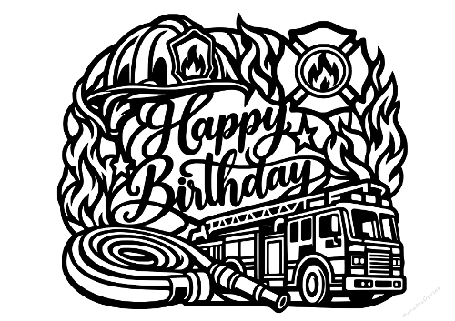 Happy Birthday Firefighter Fire Truck Helmet Papercut Laser Cut Template Cutting File