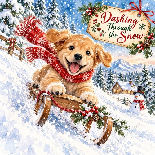 Cute Christmas Puppy Sledding Watercolor Clipart Festive Golden Retriever Printable JPEG 1254x1254 Illustration