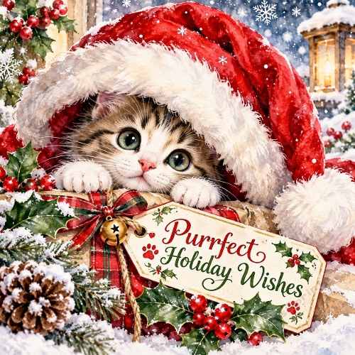 Cute Christmas Kitten Santa Hat Watercolor Clipart Festive Tabby Cat Printable JPEG 1254x1254 Illustration