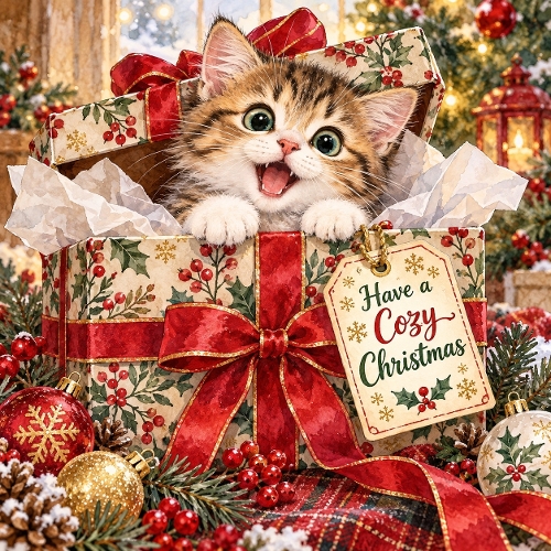 Cute Christmas Kitten Gift Box Watercolor Clipart Festive Tabby Cat Printable JPEG 1254x1254 Illustration
