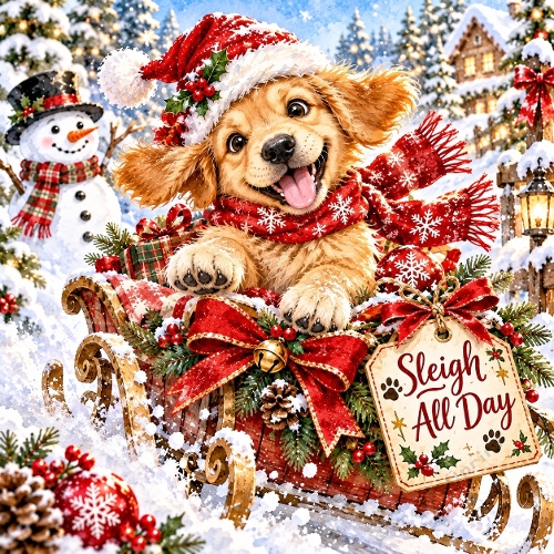 Cute Christmas Puppy Sleigh Ride Watercolor Clipart Festive Golden Retriever Printable JPEG 1254x1254 Illustration
