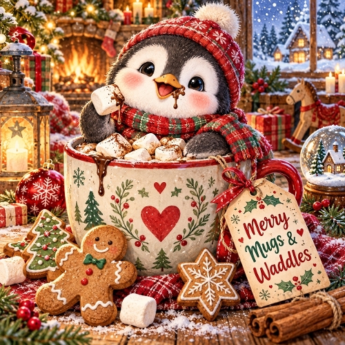 Cute Christmas Penguin Hot Cocoa Watercolor Clipart Festive Winter Printable JPEG 1254x1254 Illustration