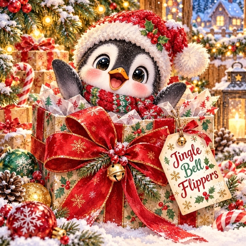 Cute Christmas Penguin Gift Box Watercolor Clipart Festive Winter Printable JPEG 1254x1254 Illustration