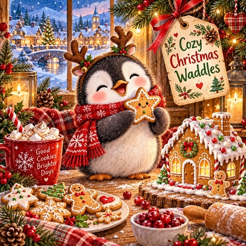 Cute Christmas Penguin Gingerbread Watercolor Clipart Festive Winter Printable JPEG 1254x1254 Illustration