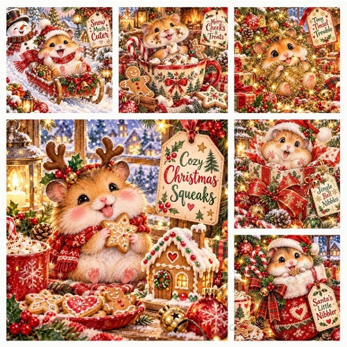 Cute Christmas Hamster Watercolor Clipart Set Festive Winter Printable JPEG 1254x1254 Illustration Kit