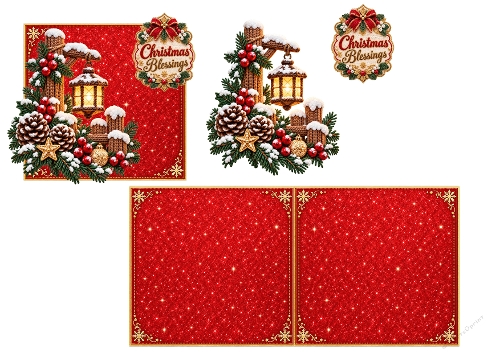Christmas Blessings 3D Decoupage Card Kit Crochet Lantern Glitter Red Printable A4 Sheet Sheet
